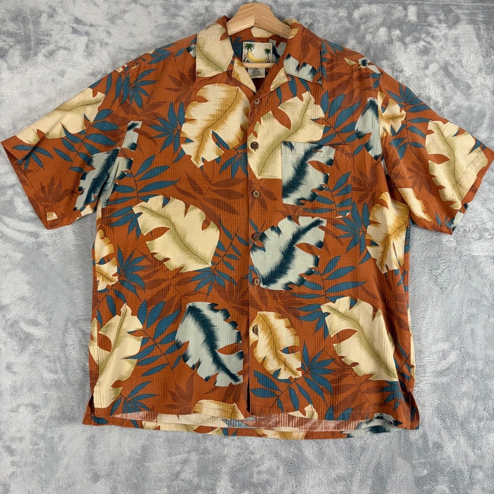 Banana Cabana Mens Medium Silk Hawaiian Shirt Tropical Leaf Print Short Sleeve